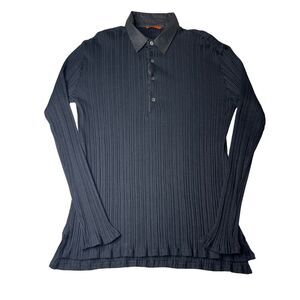 2-22 BARENA Men's 1/4 Button Cotton Pleated Stretch Top Black Large